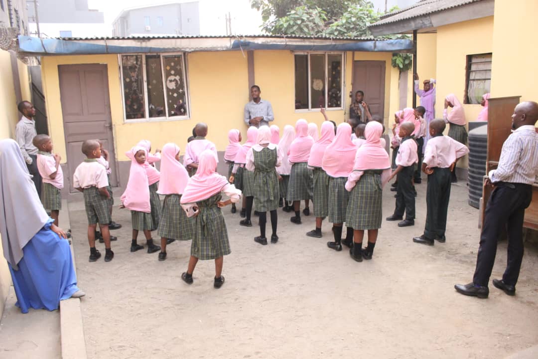 Pupils gathered in the school courtyard